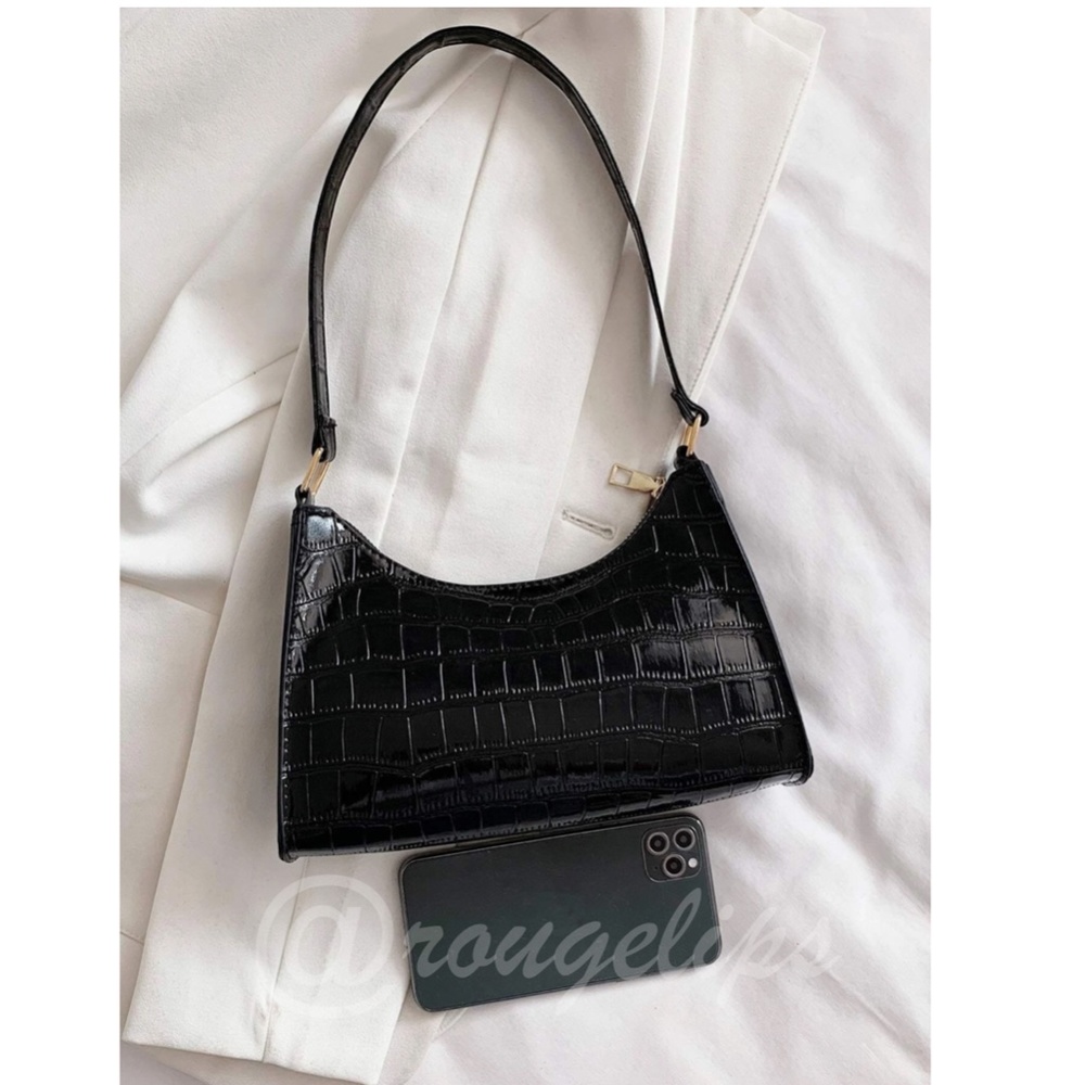 Crocodile Pattern PU Leather Black Baguette Handbag - Picture 5 of 7